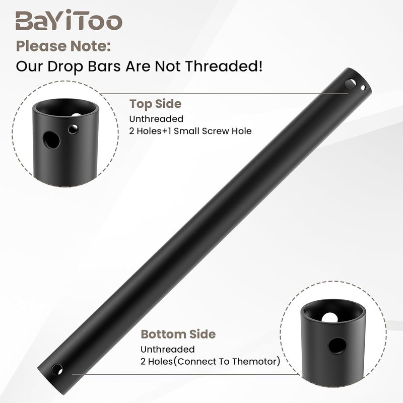 BaYiToo 12 Inch （Actual 11.8 inch） Ceiling Fan Downrod, Matte Black Unthreaded Downrod for Ceiling Fan (1 Inch Outer Diameter) - Image 3